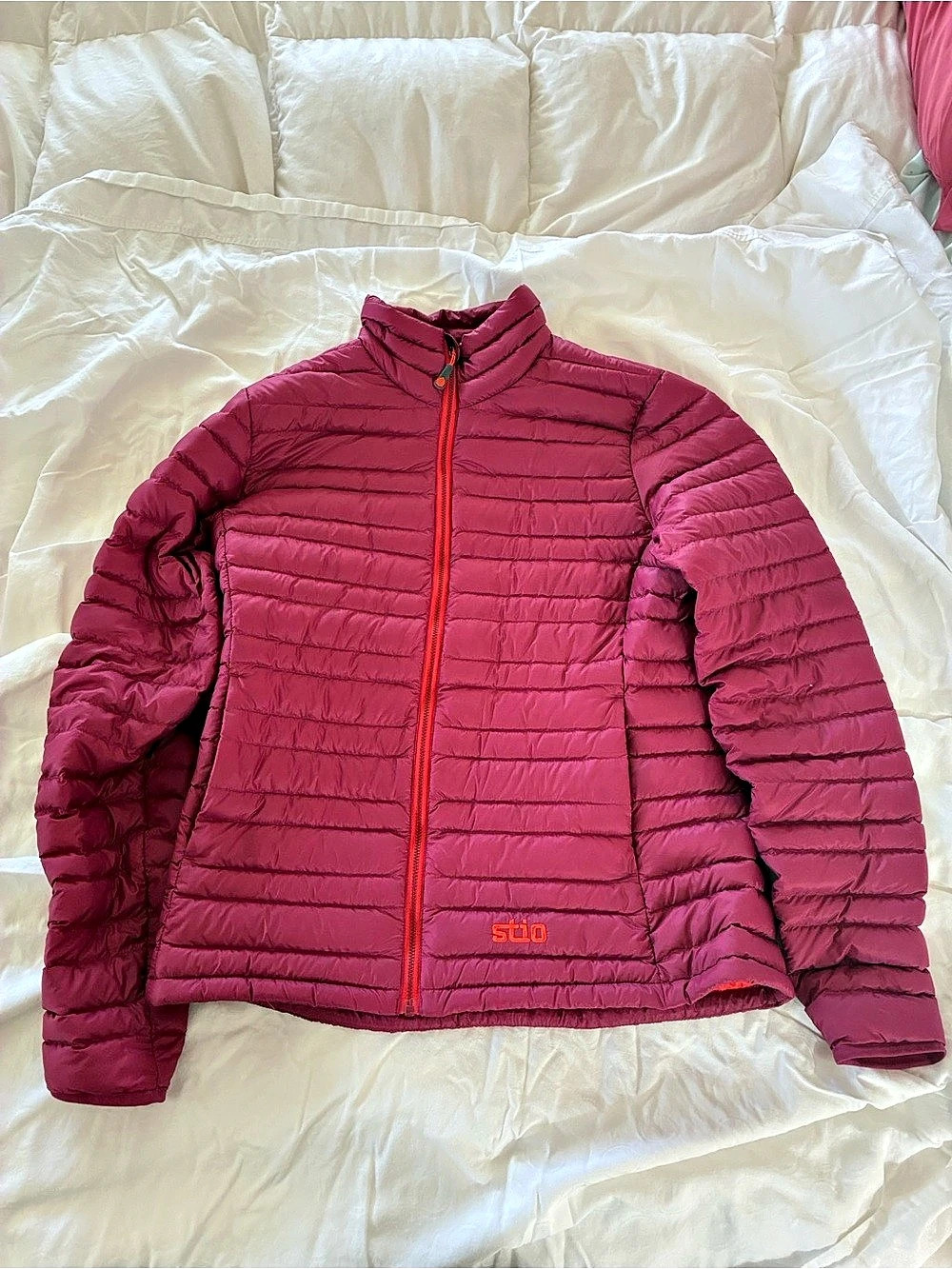 Stio Pinion Down Sweater Quilted Puffer Jacket Purple & Red